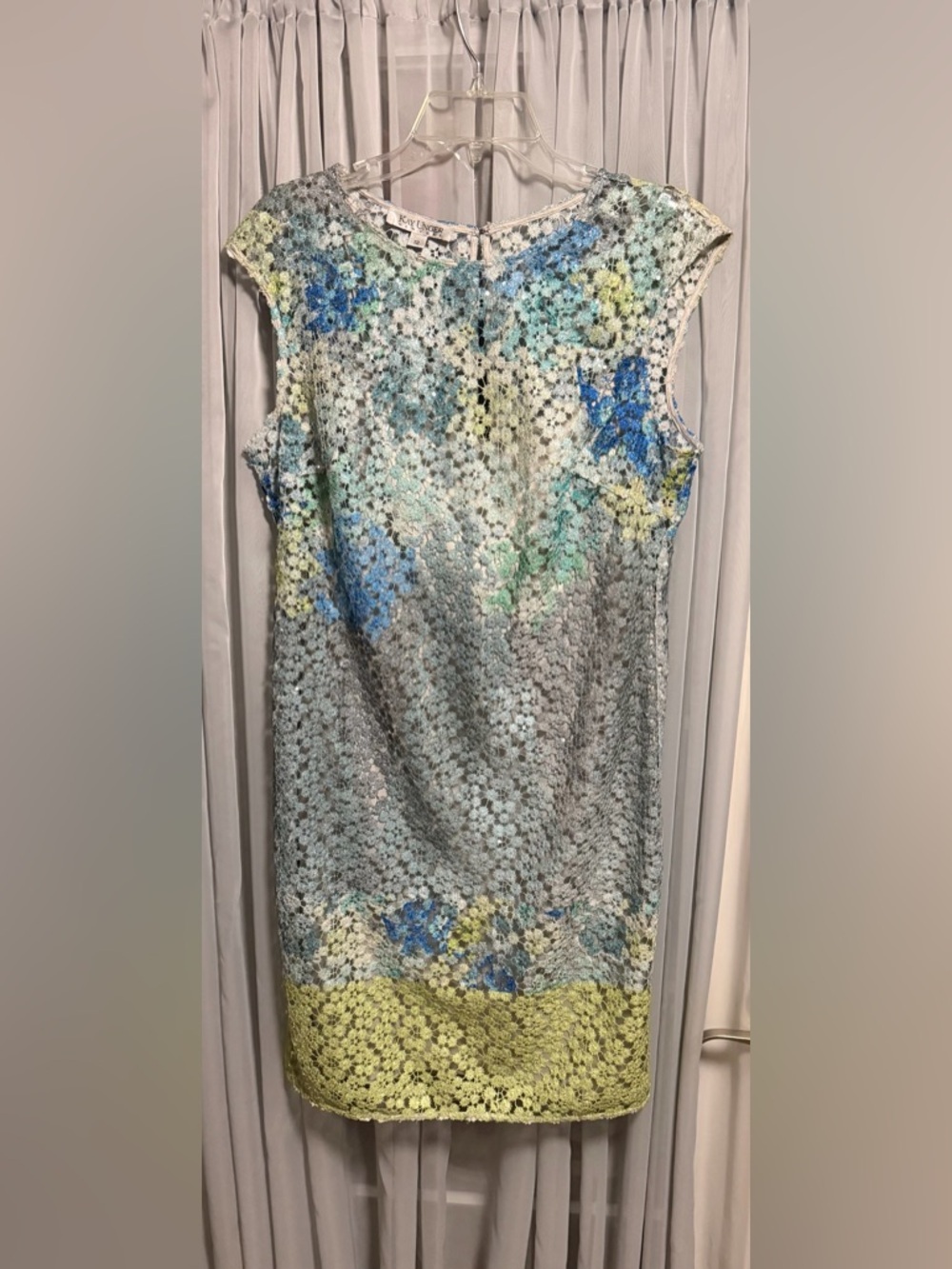 Kay Unger Blue Green Yellow Floral Lace Sequin Sheath Midi Dress 12